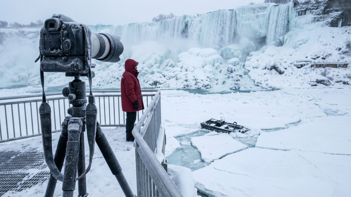 Bei minus 55 Grad sind die Niagarafälle fast vollständig zugefroren und haben ein seltenes und extremes Winterspektakel geschaffen