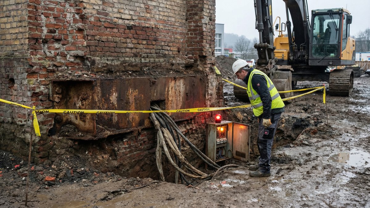 Ein Abbruchunternehmen in Wuppertal stoppt eine Baustelle nach der Entdeckung eines alten technischen Systems, das noch unter Strom steht