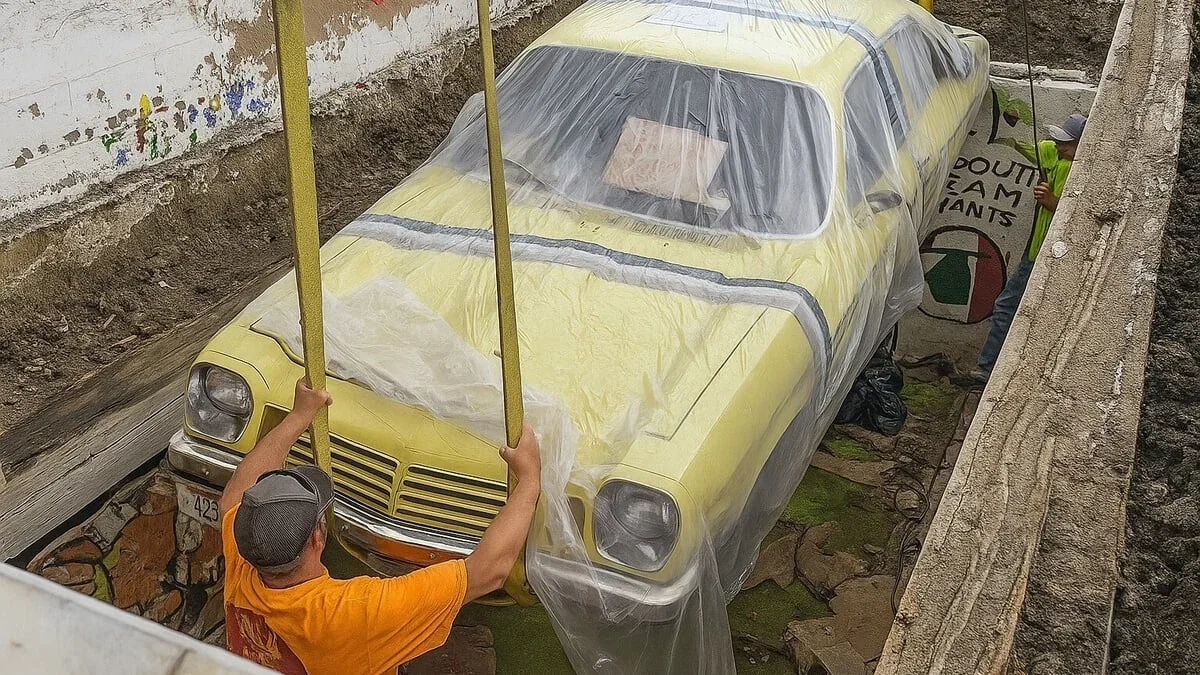 1975 begraben sie in einem Betongrabgewölbe ein neues Auto. 50 Jahre später ist dieser nagelneue Chevrolet Vega wieder aufgetaucht!