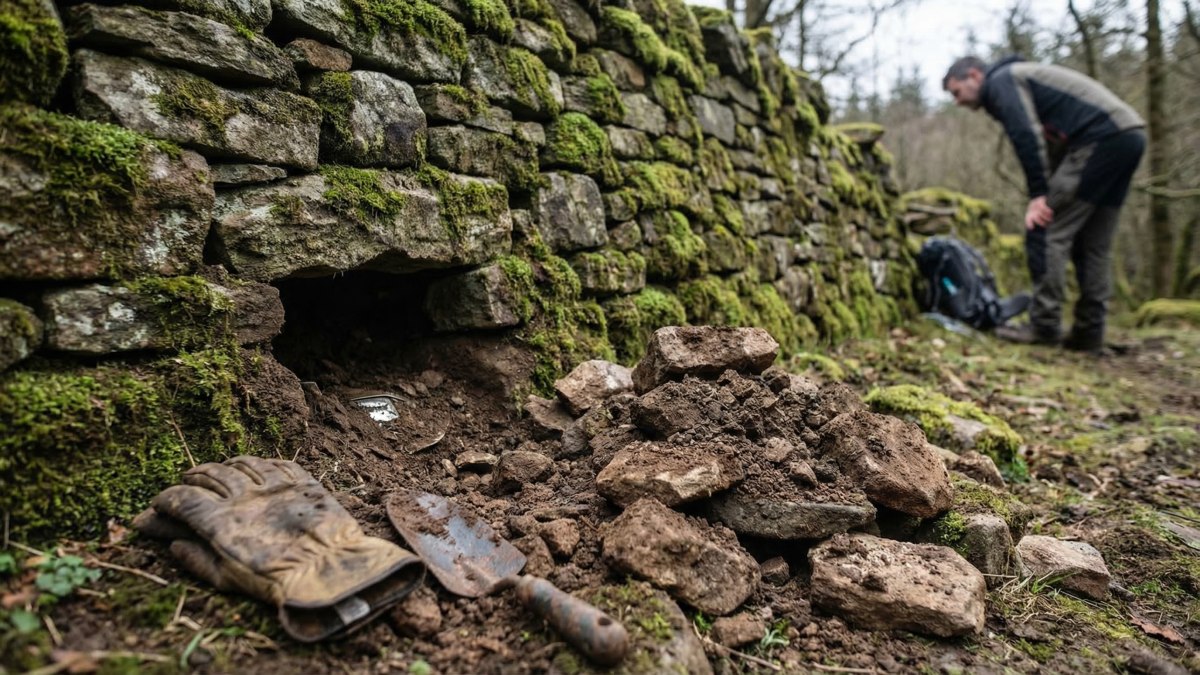 Wanderer finden in einer Steinmauer einen verborgenen Schatz aus Goldmünzen aus den Jahren 1808 bis 1915